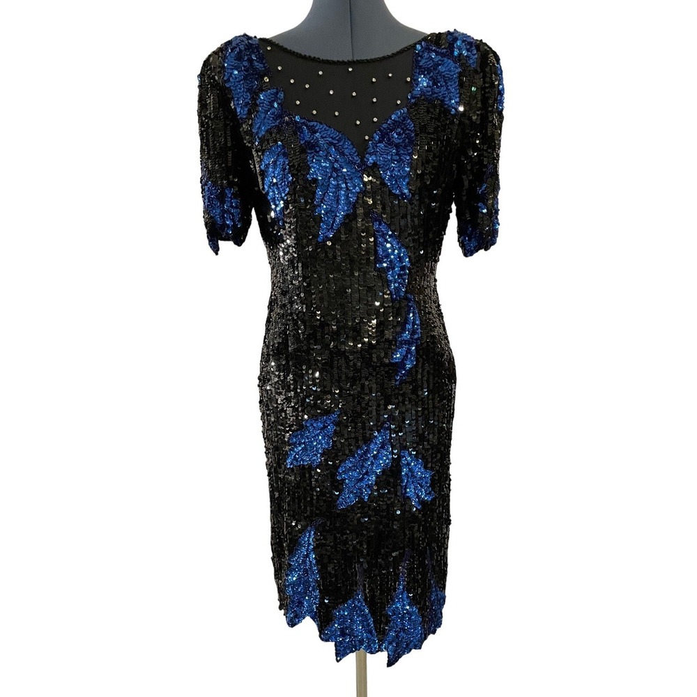 VTG Lillie Rubin Black Blue Sequin Mesh Sheath Dress Old Money‎ Cocktail Glam P